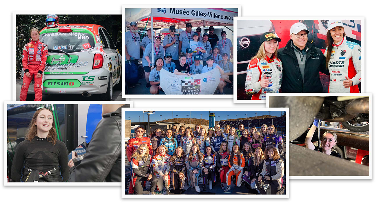 Clockwise from top left: A teenager in the early days of Nissan Micra Cup; hosting the TDL Quebec Group, which promotes a better understanding of developmental language disorder (DLD); (right to left) Sunny, Nissan Canada president Steve Milette, and 2022 Sentra Cup champion Valérie Limoges; maintaining her Sentra at Dormani Nissan; supporting Women with Drive, an event from WIMNA that advances a more diverse and inclusive environment to grow motorsports for women; and ready for her next race with a positive outlook.