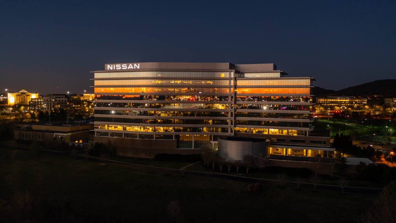 Nissan Americas' headquarters lit up at night